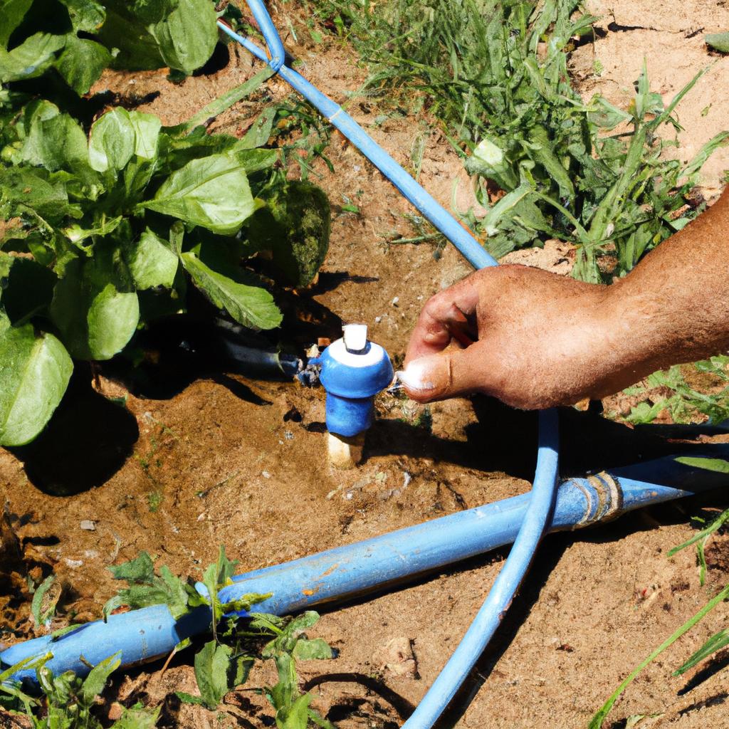Person operating drip irrigation system